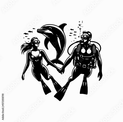 Male and Female Scuba Divers with Dolphin Logo Vector Isolated on White

