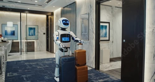 A white robot carries two suitcases in a modern hotel lobby