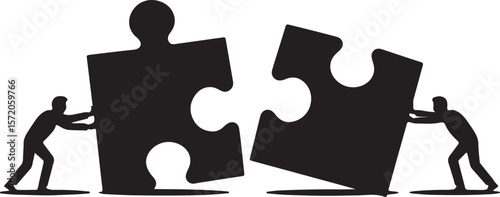 People pushing puzzle pieces together vector