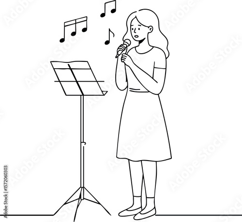 Girl singing with microphone and music notes near music stand vector illustration