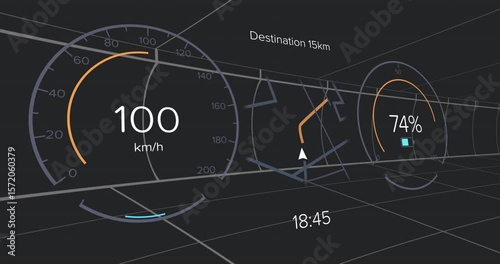 3D render HUD starting speed changing from 9 to 100 km or h then reversing for performance demo