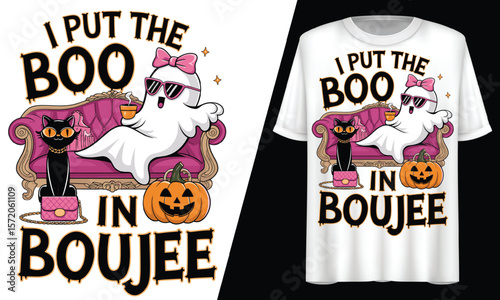 I Put the Boo in Boujee, Halloween Ghost Lounging on a Couch, T-Shirt Design.