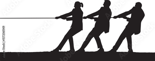 Silhouetted figures in tug of war competition teamwork strength