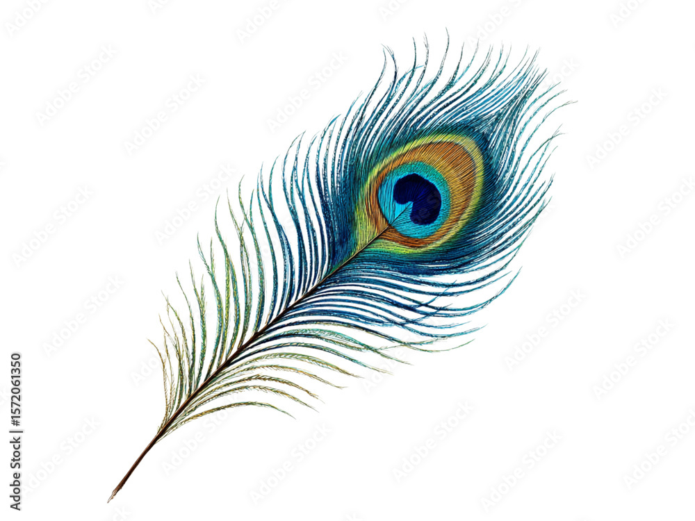 Obraz premium Vibrant peacock feather with iridescent eye detail on black background blue green, Isolated, Transparent Png