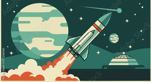 Space rocket launches from alien planet, sci-fi vector poster. EPS 10 version.