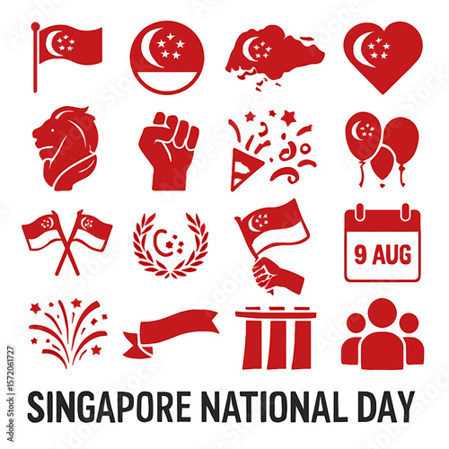 Symbolic Singapore National Day Icons in Red, Celebrating Unity and Patriotism.