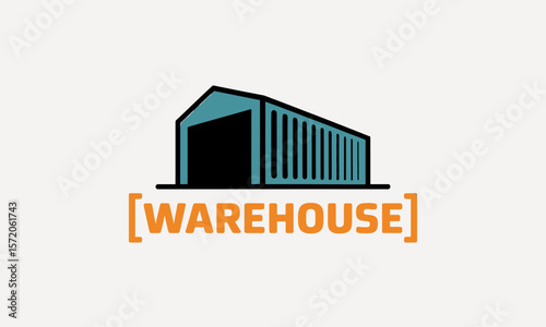 Teal Warehouse Building Icon with Orange Text Label