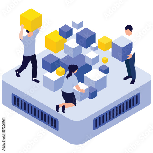 System Data Isometric. Vector illustration of Isometric scene of people organizing colorful 3D blocks representing digital data. Isolated on background