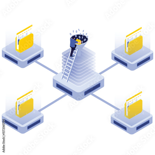 System Data Isometric. Vector illustration of Isometric visualization of a server node filtering binary data into organized file folders. Isolated on background