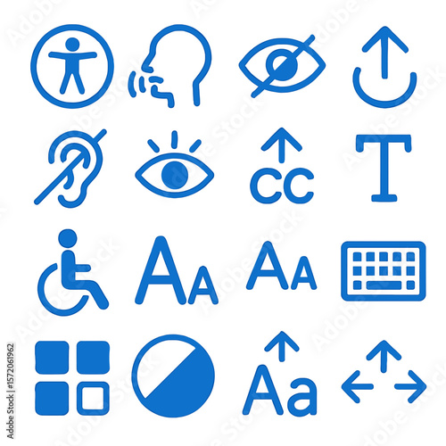 Collection of Blue Icons Representing Accessibility, Communication, and User Interface Elements.