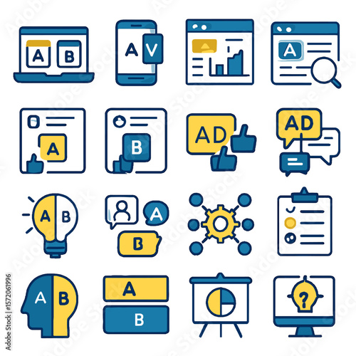 Collection of Colorful, Stylized Icons Representing A/B Testing and Marketing Concepts