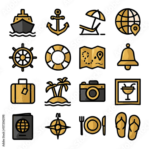 Collection of Travel Icons Depicting Vacation, Adventure, and Exploration Elements.