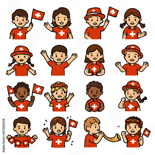 Diverse Children Enthusiastically Displaying Swiss Flag