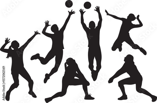 Volleyball players in action silhouettes black