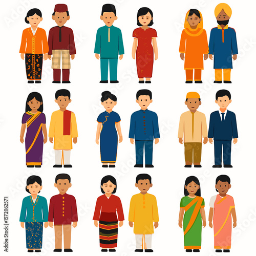 Diverse cultural attire: Flat vector illustration of people in traditional clothing