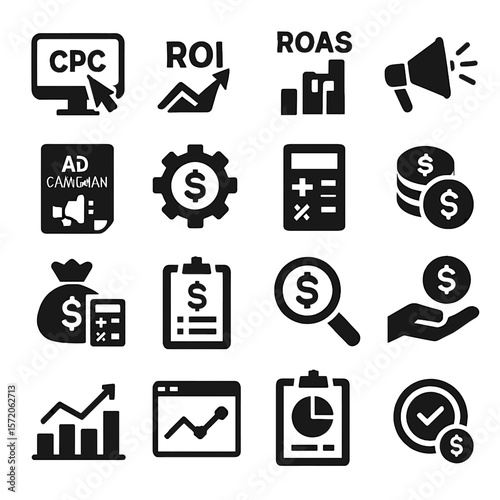 Financial Icons Depicting Business Concepts, Marketing, and Investment Strategies.