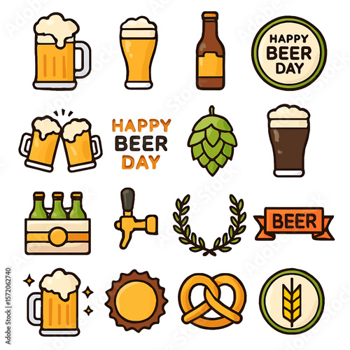 Happy Beer Day Icon Set: Beer Glasses, Bottles, Hops, Pretzel