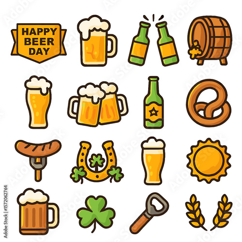 Happy Beer Day Icon Set: Beer Glasses, Bottles, Barrel, Pretzel, and More