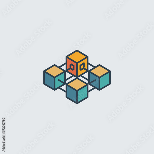 Interconnected Cubes: A Network of Teal, Orange, and Yellow Geometric Shapes