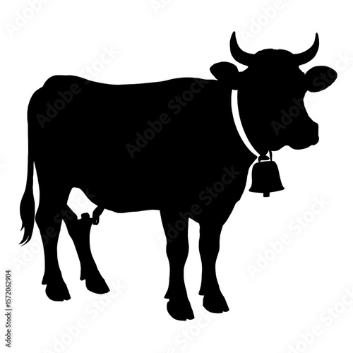 Silhouette of a horned cow with a bell collar, standing in profile