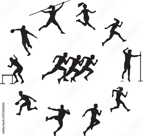 Athletic figures performing various track and field events athletes silhouettes