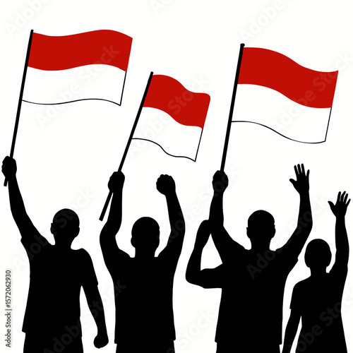 Silhouetted Figures Waving Indonesian Flags, Celebrating National Pride and Freedom.