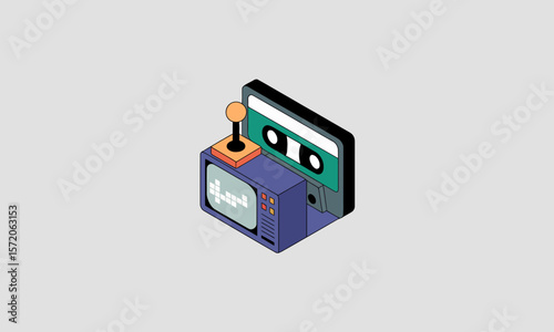 Isometric Retro Tech Still Life Illustrates Nostalgia, featuring a television, joystick, and cassette tape on a light background, creating a vintage concept.