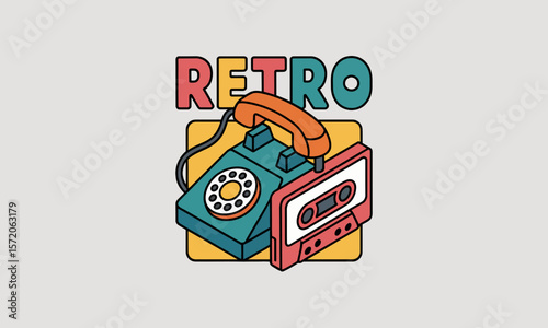 Vintage Telephone and Cassette Tape Representing Retro Style, Illustrative Design on Neutral Background, Nostalgic Illustration, with Copy Space