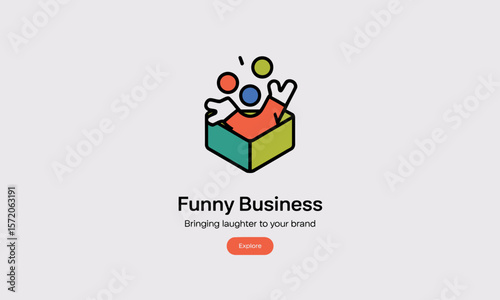 Colorful character leaps from a box, symbolizing a funny business concept, with copy space and a playful, modern design.