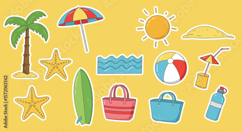 A vibrant collection of summer beach icons that evoke a sense of playful seaside adventures and carefree vacation vibes, radiating a playful summer holiday.