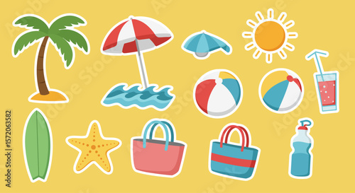 Colorful summer icons against a cheerful yellow background evoke the bliss of a sunny day at the beach, with elements like a surfboard, palm tree, and refreshing drink.