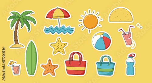Set of delightful summer elements on a bright yellow backdrop, perfect for evoking the joys of a sunny day.