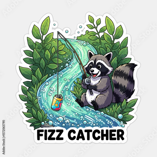 Cartoon raccoon fishing in a flowing river, catching a soda can.