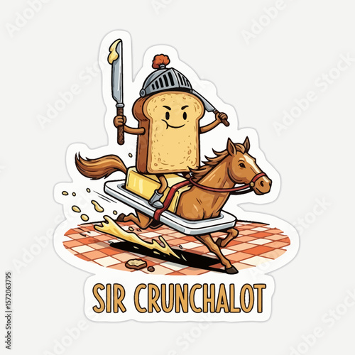 Cartoon illustration of a slice of toast knight riding a butter horse with a knife, labeled "Sir Crunchalot".