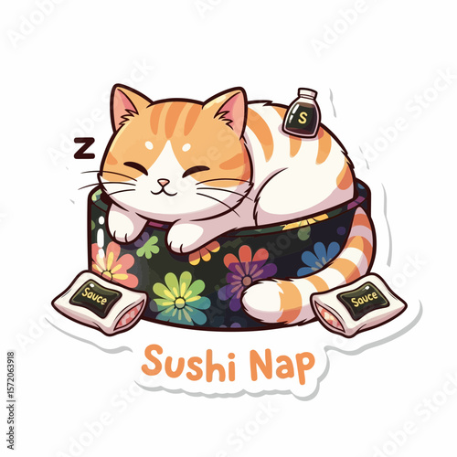 A cute orange tabby cat naps peacefully inside a decorative sushi box, surrounded by soy sauce packets.