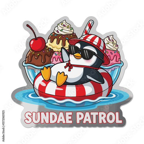 Cool penguin in sunglasses relaxing on a floatie surrounded by ice cream sundaes.