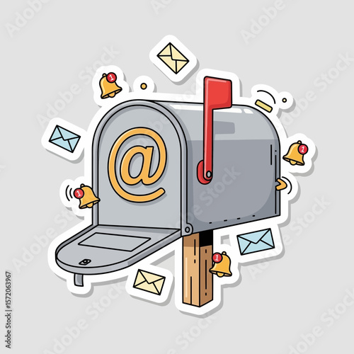 A cartoon illustration of a mailbox with email symbol and notifications.