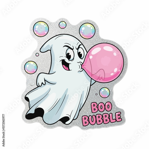 A cartoon ghost blowing a large pink bubble, surrounded by smaller bubbles.