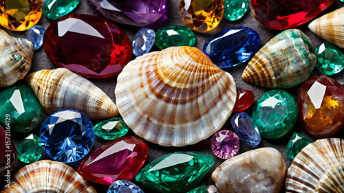 Colorful Gemstone Background with Shell – Top-Down Macro