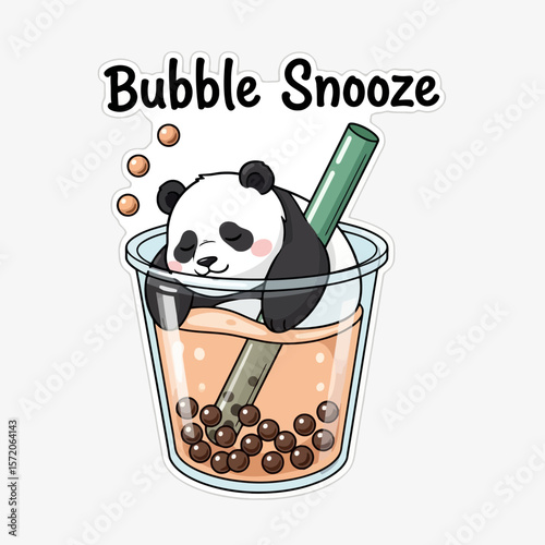 Adorable panda bear peacefully sleeping inside a large cup of boba tea, bubbles floating.