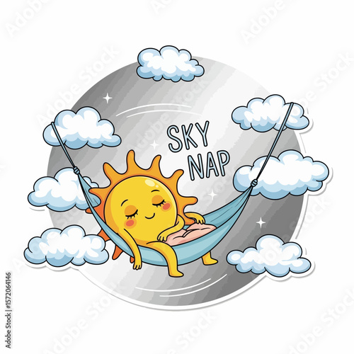 A cheerful sun character takes a relaxing sky nap in a hammock amongst fluffy clouds.