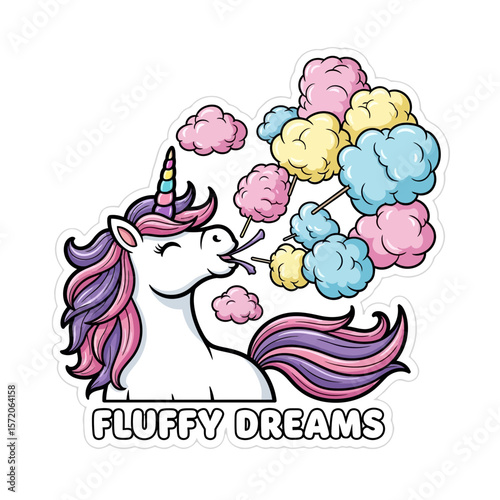 A whimsical unicorn exhales colorful cotton candy clouds, creating a dreamy scene.