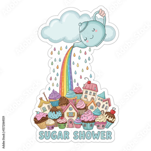 Whimsical illustration of a teapot pouring a rainbow over cupcakes and houses.
