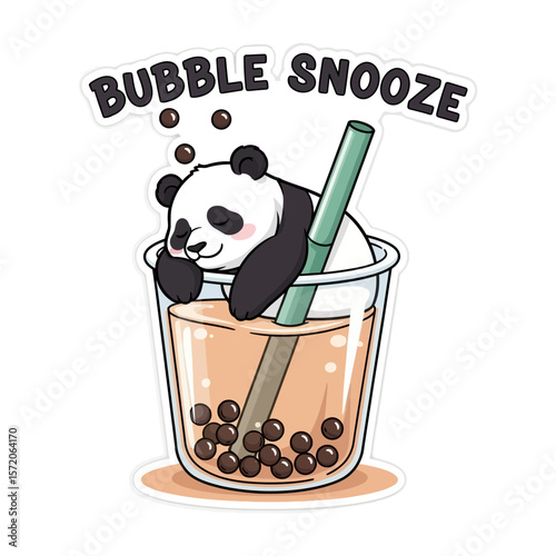 A cute panda bear enjoys a peaceful nap inside a bubble tea cup.