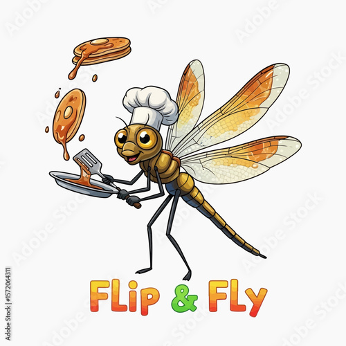 A cartoon dragonfly chef flips pancakes in a whimsical food-themed logo.