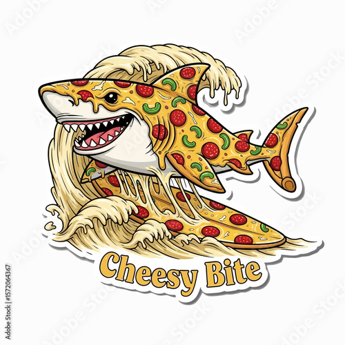 A cartoon shark, shaped like a pizza, riding a pizza surfboard on a wave, with the text "Cheesy Bite".