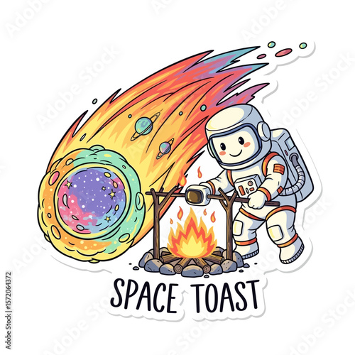 A cheerful astronaut roasts a cosmic meteor over a campfire, creating "space toast" in a whimsical illustration.