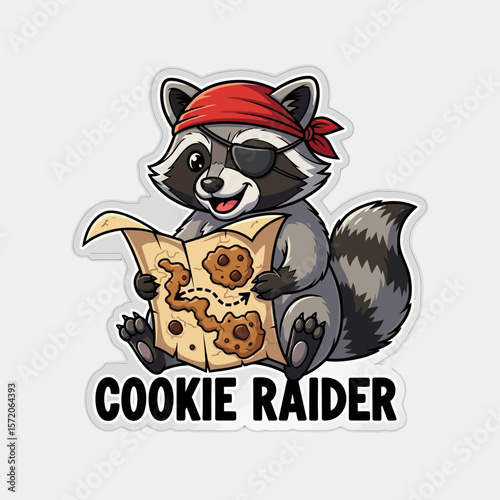 A cute cartoon raccoon pirate holds a treasure map marked with cookies, playfully titled "Cookie Raider".