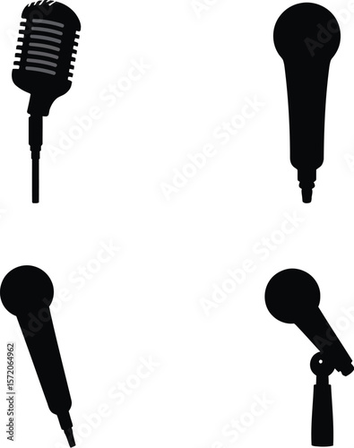 Four microphone silhouettes retro modern dynamic sound