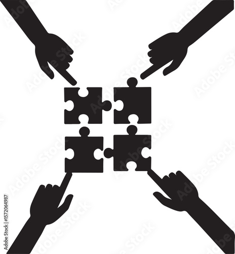 Black puzzle pieces connected by pointing fingers connection teamwork
